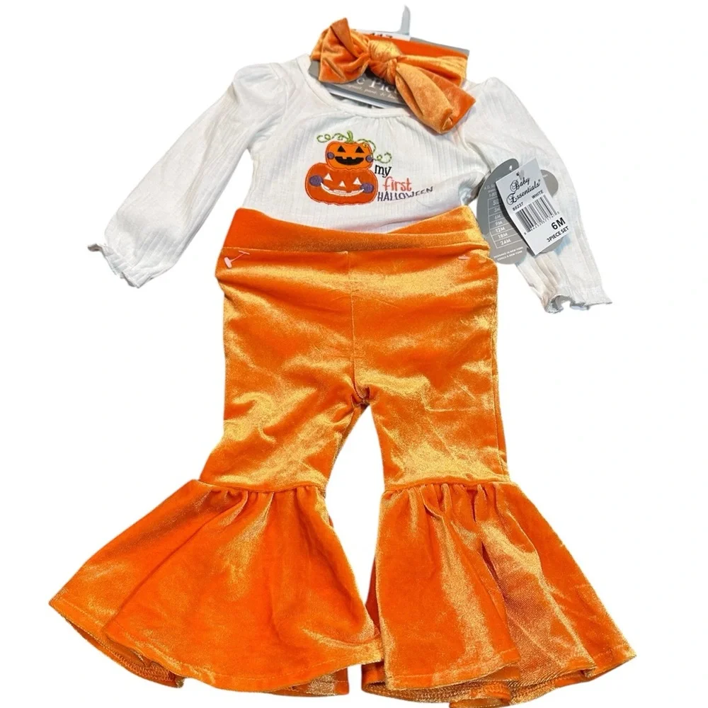My First Halloween Pumpkin Costume Set - Orange velvety flare pants size 6 month